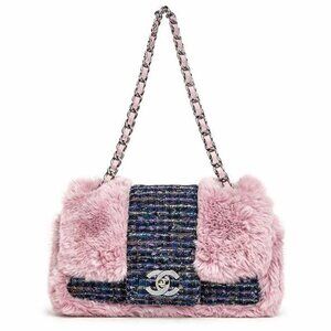 RARE Chanel 2005 Vintage Classic Flap Chain Tweed Rabbit Fur Shoulder Bag Pink